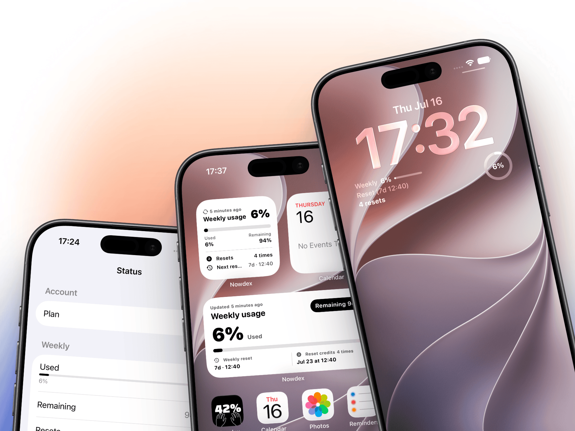 Nowdex app and weekly usage widgets shown on three iPhones